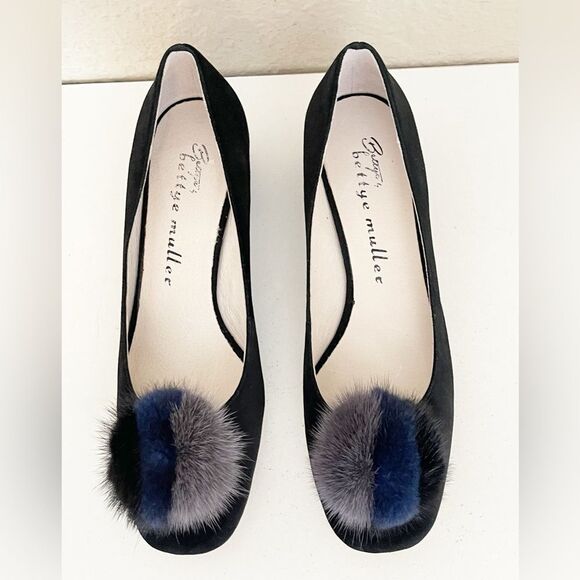 Bettye Muller Black and Blue Fur Accent Heels 8 - Picture 13 of 13
